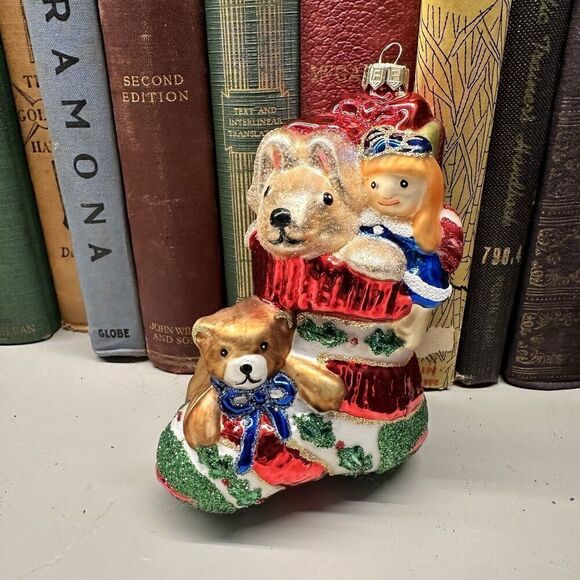 Fitz and Floyd Vintage Christmas Stocking w Toys Glass Ornament 2 Sided Tree Dec - Picture 1 of 8